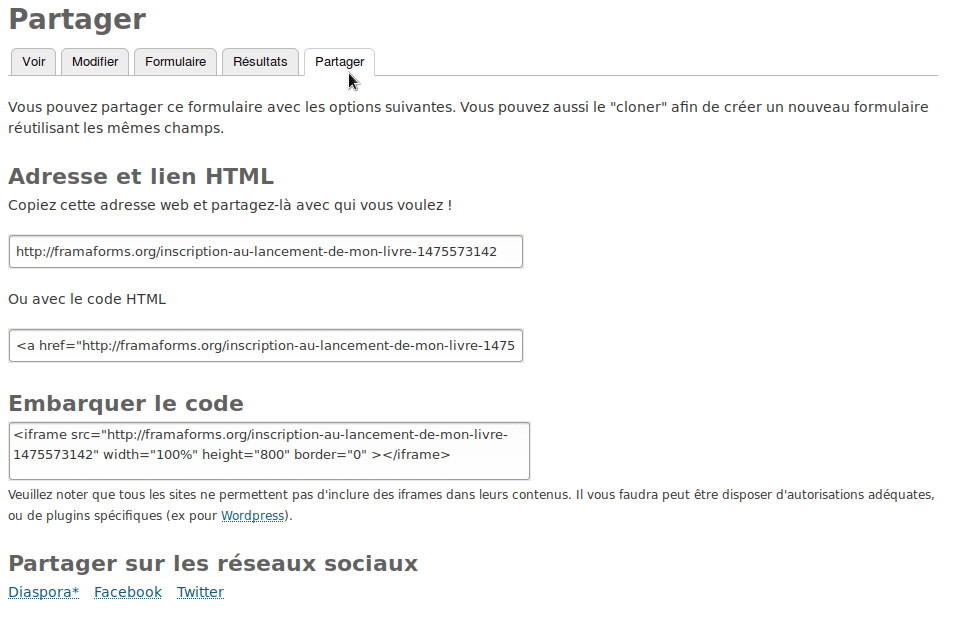 Possibilités offertes pour partager son
formulaire
